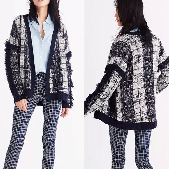 Madewell Women's Navy Plaid Fringe Wool Cardigan Sweater Sz XS NWT - Picture 1 of 10